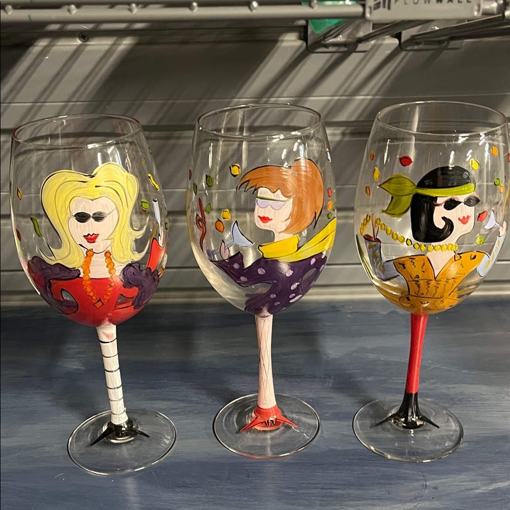 Hand-Painted Wine Glass set of 3 - girls with attitude